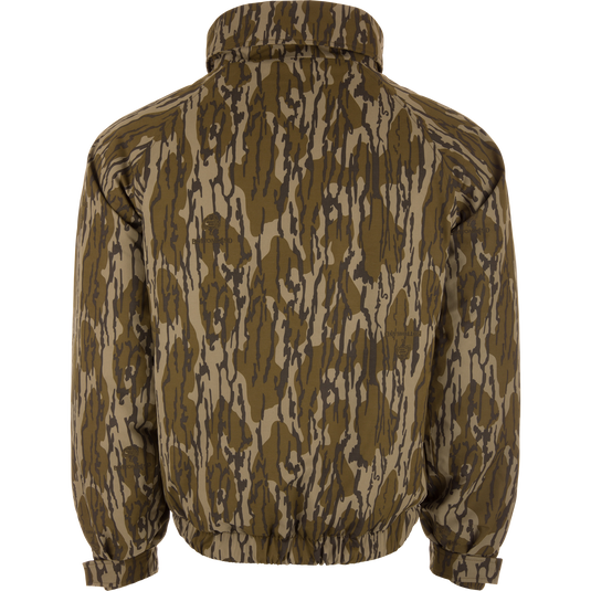 Throwback 80 Insulated Sport Bomber Jacket, camouflage-patterned, shown on a mannequin, features elasticized hem and cuffs, high collar, designed for warmth and functionality.