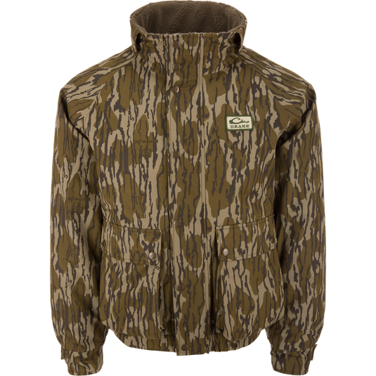 Throwback 80 Insulated Sport Bomber Jacket by Drake, featuring camo pattern, fleece-lined collar, snap-closure, and large pockets, displayed on a mannequin torso.
