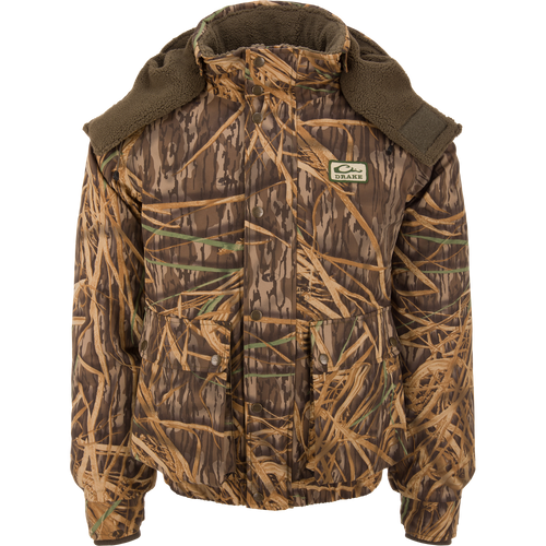 Throwback 80 Sport 3-in-1 Jacket with camouflage, insulated lining, removable fleece hood, large pockets, and elastic cuffs, ideal for versatile hunting and outdoor activities.