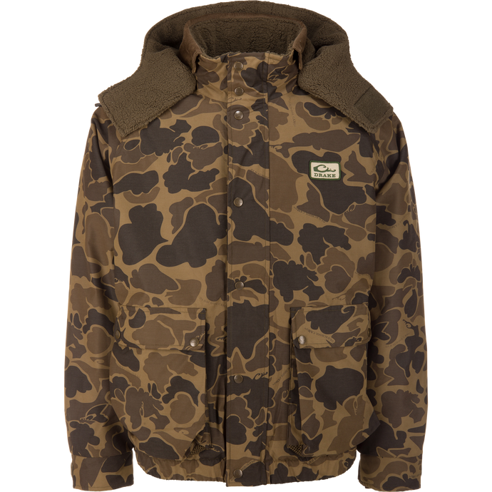 Throwback 80 Sport 3-in-1 Jacket features camo print, removable hood, large flap pockets, and sherpa lining, ideal for versatile, rugged outdoor adventures.