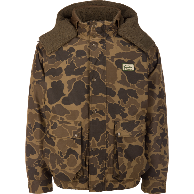 Throwback 80 Sport 3-in-1 Jacket features camo print, removable hood, large flap pockets, and sherpa lining, ideal for versatile, rugged outdoor adventures.