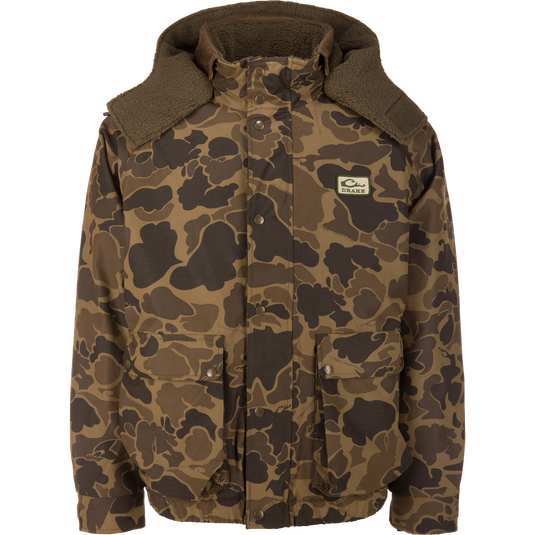 Throwback 80 Sport 3-in-1 Jacket features camo print, removable hood, large flap pockets, and sherpa lining, ideal for versatile, rugged outdoor adventures.