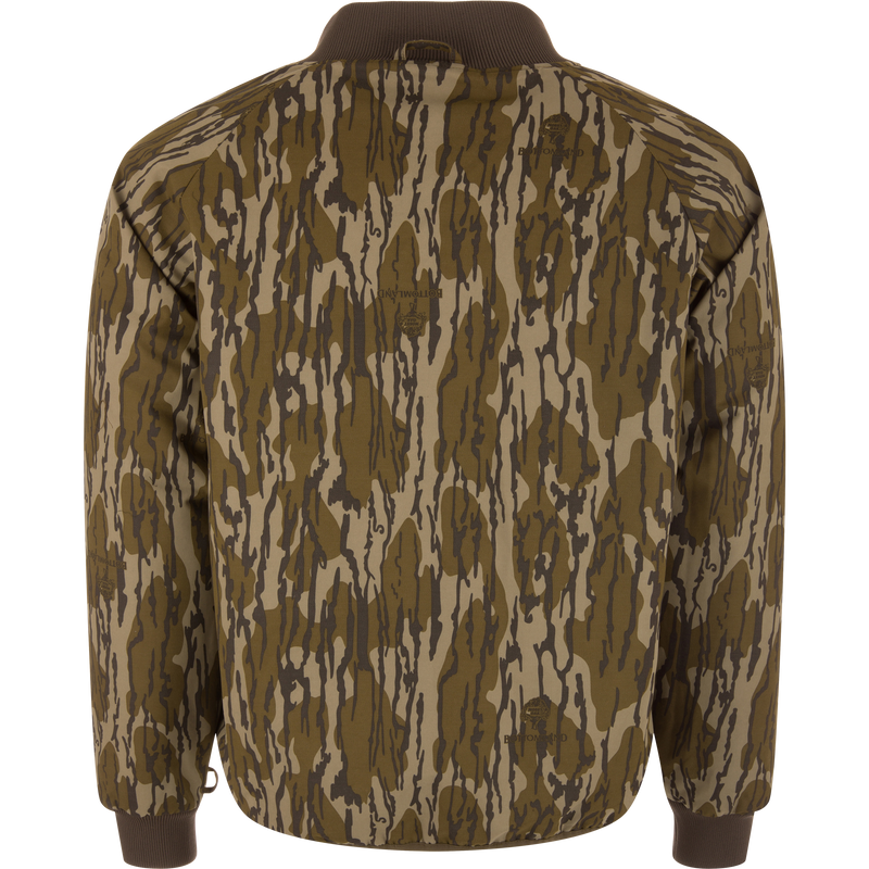Throwback 80 Sport 3-in-1 Jacket, featuring a woodland camo pattern with rib-knit trim, ideal for outdoor activities, showcasing the Bottomland logo and tree emblem.