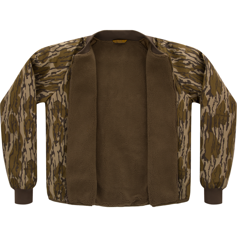 Throwback 80 Sport 3-in-1 Jacket with camo pattern, fleece-lined for warmth, featuring removable hood, large pockets, and waterproof, windproof outer shell.
