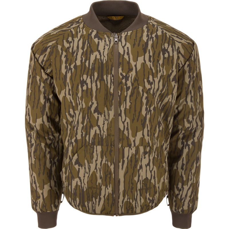 Throwback 80 Sport 3-in-1 Jacket, camouflage bomber with zip-front, ribbed cuffs, and collar. Features include removable hood, large pockets, and sherpa fleece lining.