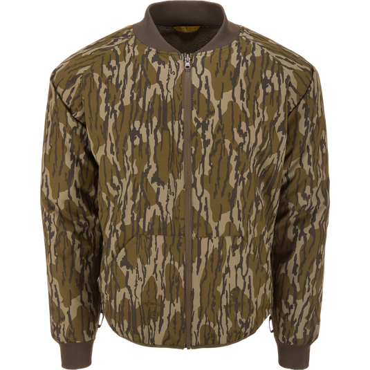 Throwback 80 Sport 3-in-1 Jacket, camouflage bomber with zip-front, ribbed cuffs, and collar. Features include removable hood, large pockets, and sherpa fleece lining.