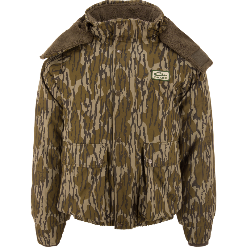 Throwback 80 Sport 3-in-1 Jacket with woodland camo, removable hood, high fleece collar, snap-button closure, and large front pockets, ideal for outdoor adventures.
