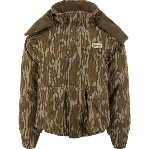 Throwback 80 Sport 3-in-1 Jacket with woodland camo, removable hood, high fleece collar, snap-button closure, and large front pockets, ideal for outdoor adventures.