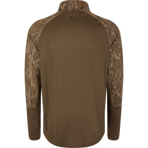 Back view of the EST Offset 1.0 Half Zip Pullover, featuring bark-style camouflage on shoulders, ergonomic thumbholes, and a small logo near the hem.