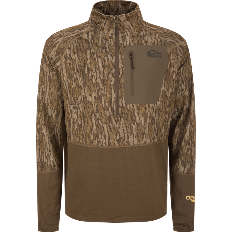 EST Offset 1.0 Half Zip Pullover in camo pattern, featuring quarter-zip, chest pocket, ergonomic thumbholes; ideal for hunting with comfort and breathability.