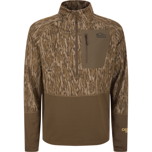 EST Offset 1.0 Half Zip Pullover in camo pattern, featuring quarter-zip, chest pocket, ergonomic thumbholes; ideal for hunting with comfort and breathability.