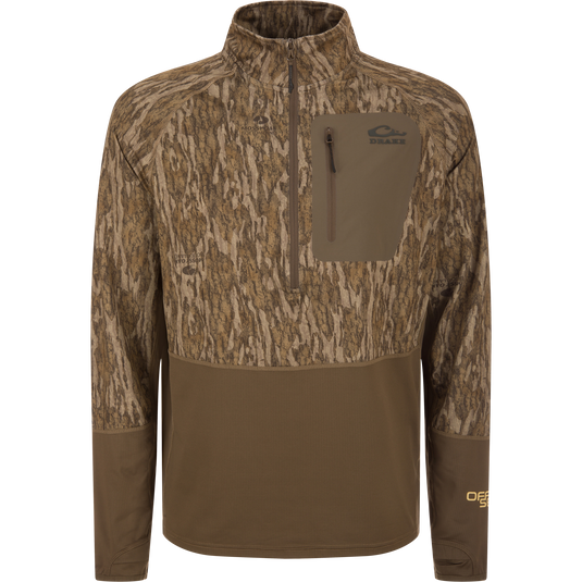 EST Offset 1.0 Half Zip Pullover in camo pattern, featuring quarter-zip, chest pocket, ergonomic thumbholes; ideal for hunting with comfort and breathability.