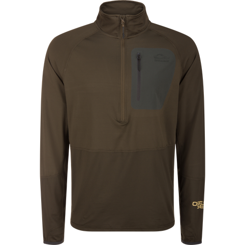EST Offset 1.0 Half Zip Pullover with zippered chest pocket, ergonomic thumbholes, and grid-textured knit for comfort. Ideal for outdoor activities with cooling and moisture-wicking features.