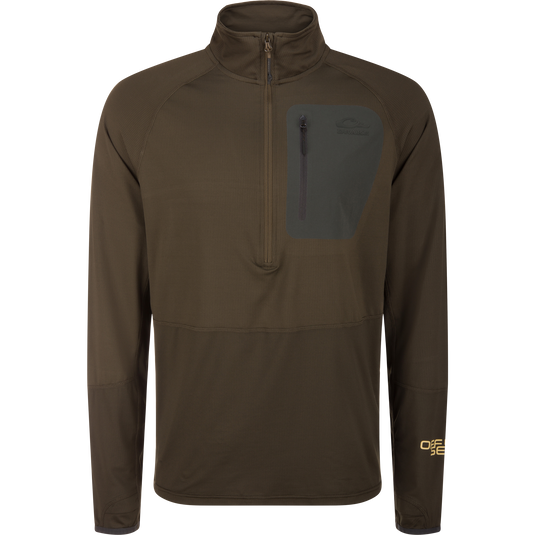 EST Offset 1.0 Half Zip Pullover with zippered chest pocket, ergonomic thumbholes, and grid-textured knit for comfort. Ideal for outdoor activities with cooling and moisture-wicking features.