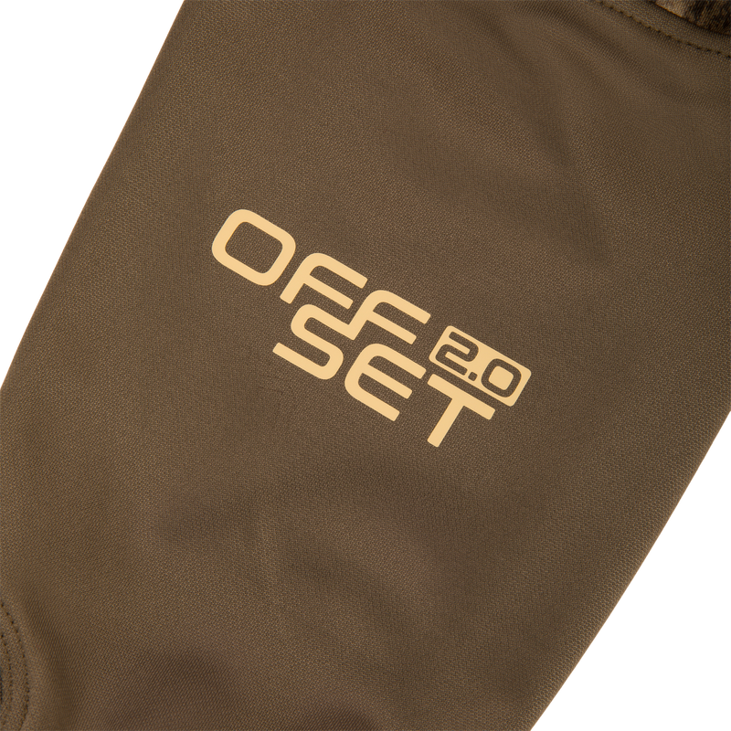 Close-up of the MST Offset 2.0 Half Zip Hoodie sleeve, featuring OFF SET 2.0 print, highlighting its stretchy, durable polyester fabric for hunting and outdoor use.
