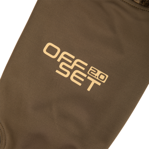 Close-up of the MST Offset 2.0 Half Zip Hoodie sleeve, featuring OFF SET 2.0 print, highlighting its stretchy, durable polyester fabric for hunting and outdoor use.