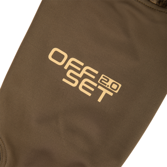 Close-up of the MST Offset 2.0 Half Zip Hoodie sleeve, featuring OFF SET 2.0 print, highlighting its stretchy, durable polyester fabric for hunting and outdoor use.