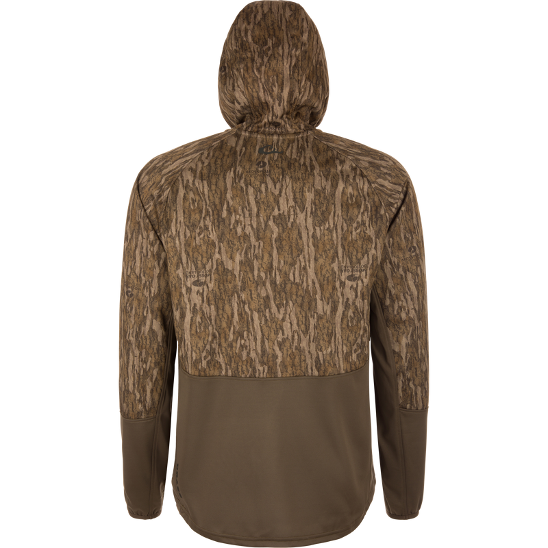Back view of the MST Offset 2.0 Half Zip Hoodie in woodland camo, featuring ergonomic design, moisture-wicking, and UPF50 protection, ideal for outdoor adventures.