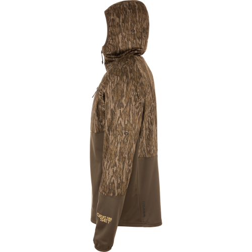 MST Offset 2.0 Half Zip Hoodie with camo hood and shoulders, olive-brown body, gold OFF SET 2.0 text on sleeve; designed for comfort and functionality.