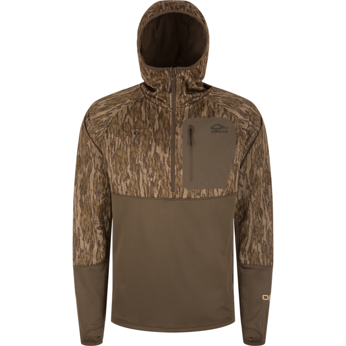 MST Offset 2.0 Half Zip Hoodie with camo upper, olive lower, and chest pocket; designed for comfort and functionality in outdoor adventures.