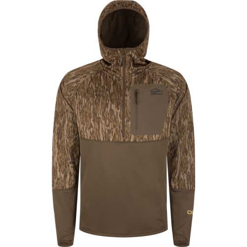 MST Offset 2.0 Half Zip Hoodie with camo upper, olive lower, and chest pocket; designed for comfort and functionality in outdoor adventures.
