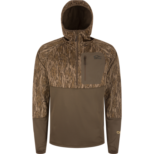 MST Offset 2.0 Half Zip Hoodie with camo upper, olive lower, and chest pocket; designed for comfort and functionality in outdoor adventures.