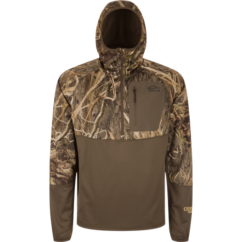 MST Offset 2.0 Half Zip Hoodie with camo upper, solid brown lower, zippered chest pocket, and ergonomic thumbholes, designed for hunting and outdoor comfort.