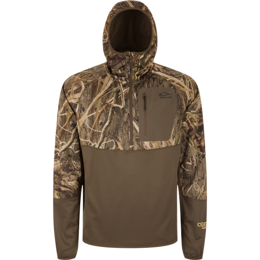 MST Offset 2.0 Half Zip Hoodie with camo upper, solid brown lower, zippered chest pocket, and ergonomic thumbholes, designed for hunting and outdoor comfort.