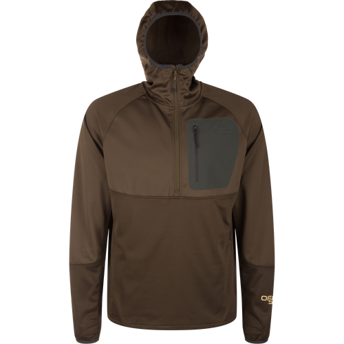 MST Offset 2.0 Half Zip Hoodie with hood, quarter zip, chest pocket, ergonomic design, and multiple pockets, ideal for outdoor adventures with moisture-wicking and UPF50 protection.