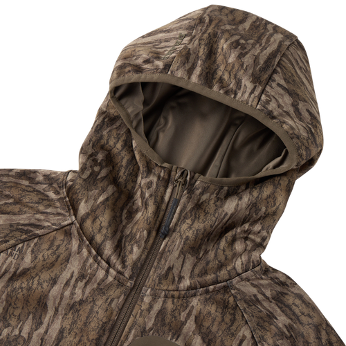 MST Offset 2.0 Half Zip Hoodie in camo pattern, featuring a durable hood and collar, designed for outdoor adventures with ergonomic and moisture-wicking features.