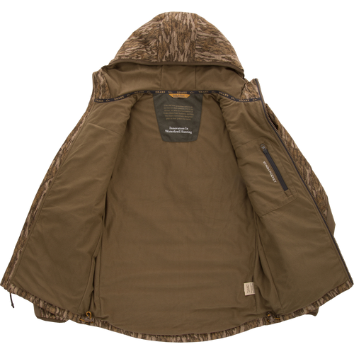 LST BMF Jacket with Primaloft, showcasing camo-patterned hood, zip-out lining with branding, stash pocket, and drawcord, designed for versatile, water-resistant hunting use.