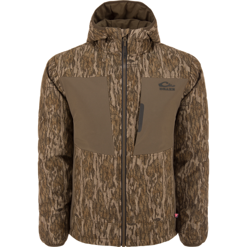 LST BMF Jacket with Primaloft: A camo-patterned, full-zip hunting jacket featuring reinforced chest panels, Magnattach™ pocket, and water-resistant YKK™ zipper, ideal for variable conditions.