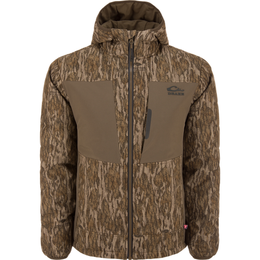 LST BMF Jacket with Primaloft: A camo-patterned, full-zip hunting jacket featuring reinforced chest panels, Magnattach™ pocket, and water-resistant YKK™ zipper, ideal for variable conditions.