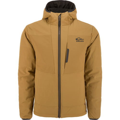 LST BMF Jacket with Primaloft, featuring a quilted design, hood, full front zipper, and chest pocket, ideal for active use with water-resistant and insulated properties.
