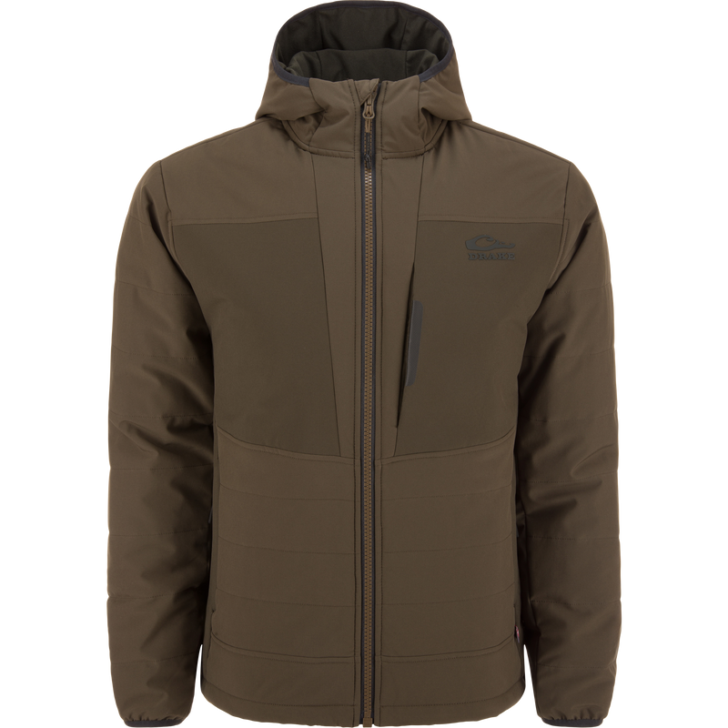 LST BMF Jacket with Primaloft, featuring a quilted design, hood, elastic cuffs, and Magnattach™ chest pocket, ideal for versatile, active use in variable conditions.