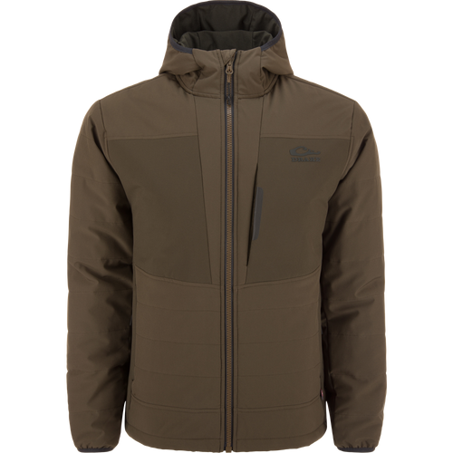 LST BMF Jacket with Primaloft, featuring a quilted design, hood, elastic cuffs, and Magnattach™ chest pocket, ideal for versatile, active use in variable conditions.