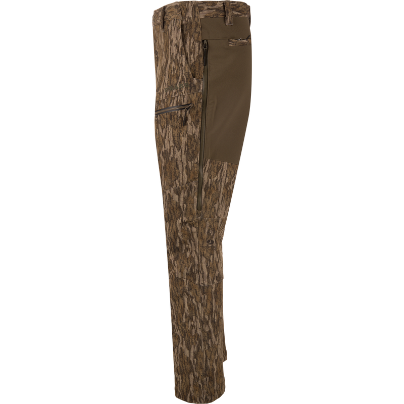 MST CommandXT Softshell Pant, camo print with olive stretch panel, zippered thigh pocket, designed for mobility and protection in demanding outdoor activities.