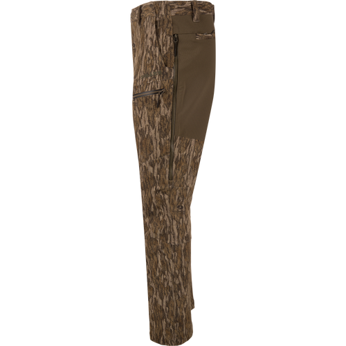 MST CommandXT Softshell Pant, camo print with olive stretch panel, zippered thigh pocket, designed for mobility and protection in demanding outdoor activities.