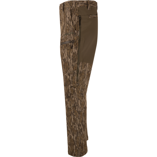 MST CommandXT Softshell Pant, camo print with olive stretch panel, zippered thigh pocket, designed for mobility and protection in demanding outdoor activities.