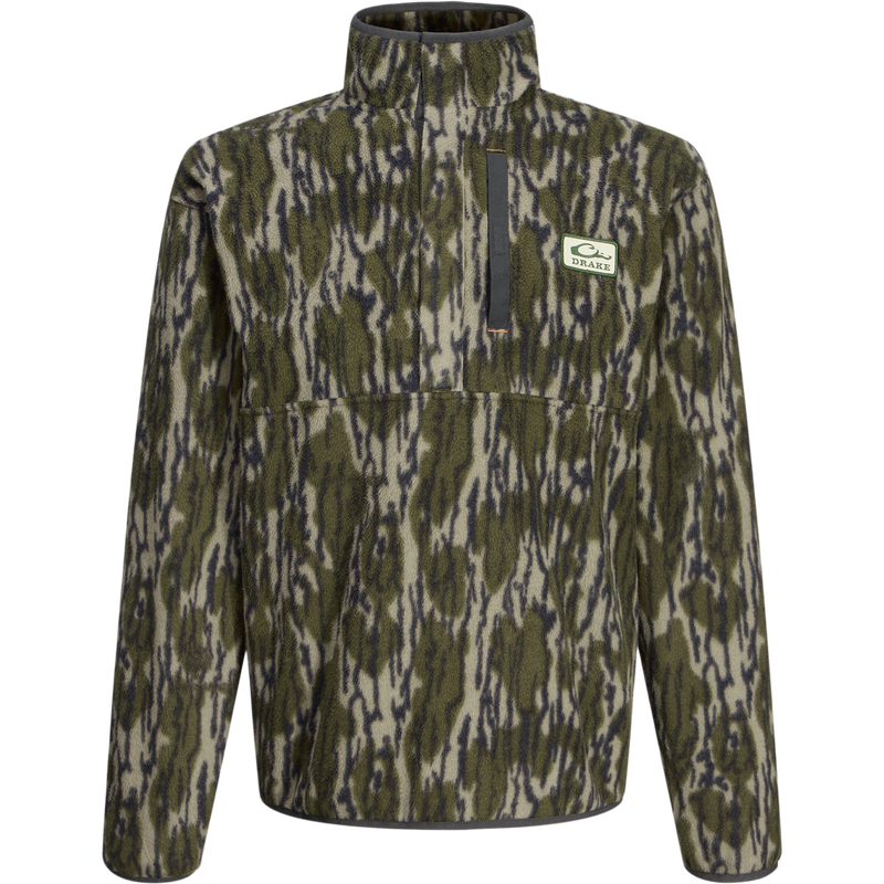 Men's camo-print Camp Fleece Limited Edition Snap Pullover with stand-up collar, half-zip, and Drake logo patch, designed for hunting and cold-weather comfort.