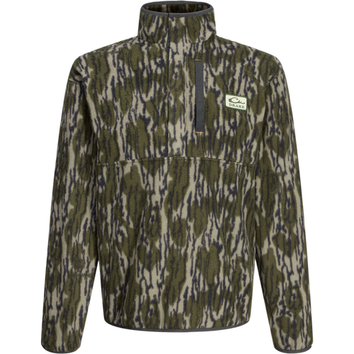 Men's camo-print Camp Fleece Limited Edition Snap Pullover with stand-up collar, half-zip, and Drake logo patch, designed for hunting and cold-weather comfort.