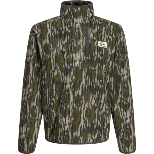 Men's camo-print Camp Fleece Limited Edition Snap Pullover with stand-up collar, half-zip, and Drake logo patch, designed for hunting and cold-weather comfort.