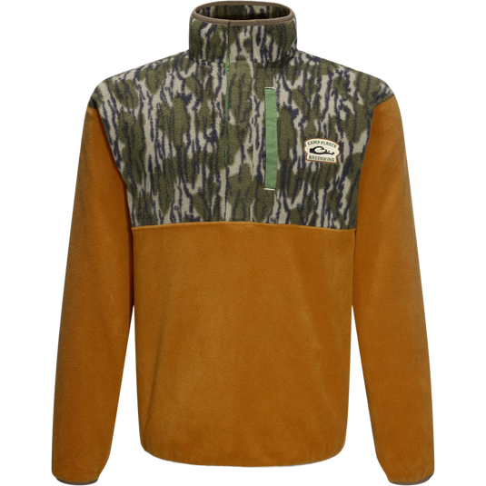 Camp Fleece Limited Edition Snap Pullover with camo-patterned chest, warm brown body, and Camp Fleece Greenwing patch, featuring open pockets and a half-zip placket.