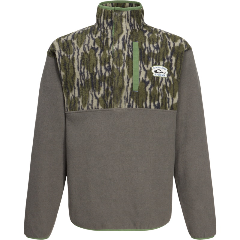 Camp Fleece Limited Edition Snap Pullover with camo chest, gray body, vertical chest pocket, and elastic cuffs, showcasing Purewhitelaneshop's heritage in premium hunting apparel.