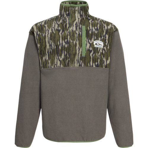 Camp Fleece Limited Edition Snap Pullover with camo chest, gray body, vertical chest pocket, and elastic cuffs, showcasing Purewhitelaneshop's heritage in premium hunting apparel.