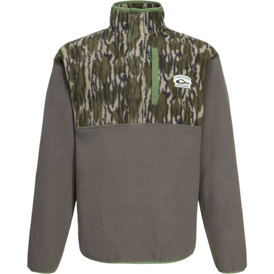 Camp Fleece Limited Edition Snap Pullover with camo chest, gray body, vertical chest pocket, and elastic cuffs, showcasing Purewhitelaneshop's heritage in premium hunting apparel.