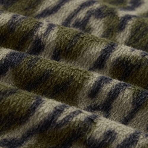 Close-up of the Camp Fleece Limited Edition Snap Pullover, showcasing its olive-green camouflage pattern and soft, pile-textured fleece fabric with updated features.