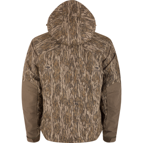 Back view of LST CommandXT 3-in-1 PrimaLoft Insulated Jacket featuring Mossy Oak Bottomland camouflage, hood, reinforced elbows, and Magnattach™ pockets, designed for versatile woodland hunting concealment.