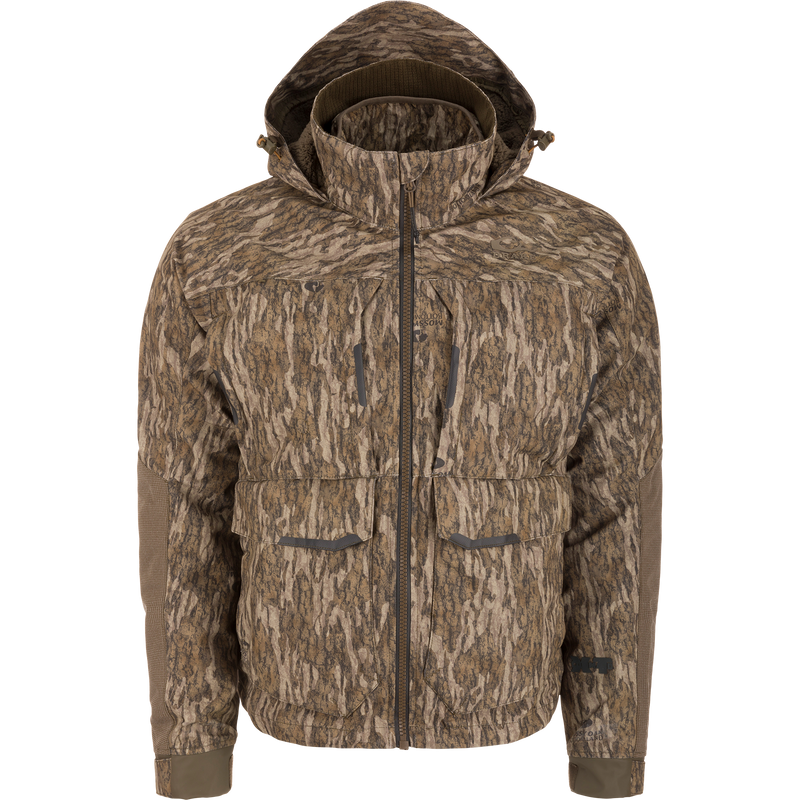 LST CommandXT 3-in-1 PrimaLoft Insulated Jacket, featuring a camo pattern, adjustable hood, articulated sleeves, multiple pockets, and a durable, weatherproof design ideal for hunting.