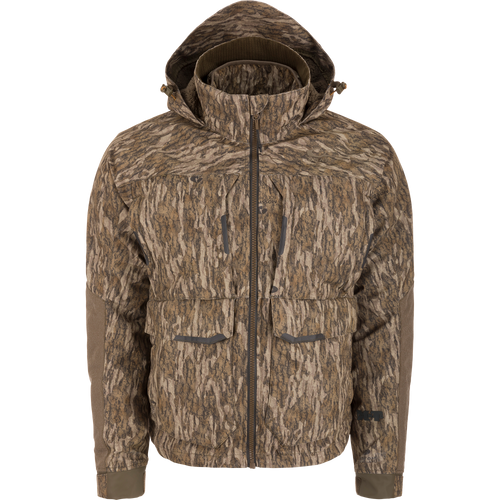 LST CommandXT 3-in-1 PrimaLoft Insulated Jacket, featuring a camo pattern, adjustable hood, articulated sleeves, multiple pockets, and a durable, weatherproof design ideal for hunting.